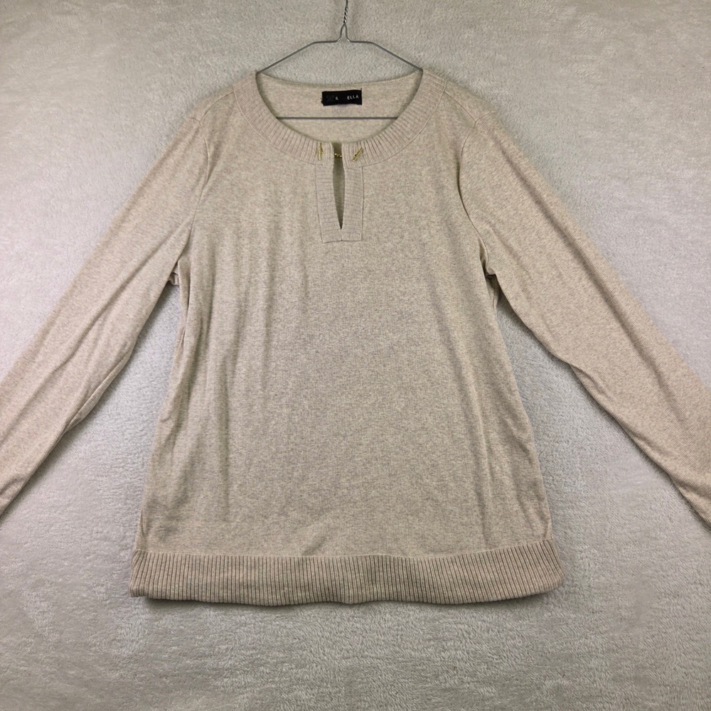 Rafaella Womens Large Tan Ribbed Knit Keyhole Neck Gold Hardware Top Long Sleeve